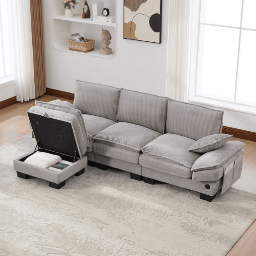 Sofá modular de 3 lugares - assento largo, design ergonómico, espuma de alta densidade, USB-C e bolsos laterais - cinzento claro Sofá modular de 3 lugares - assento largo, design ergonómico, espuma de alta densidade, USB-C e bolsos laterais - cinzento claro