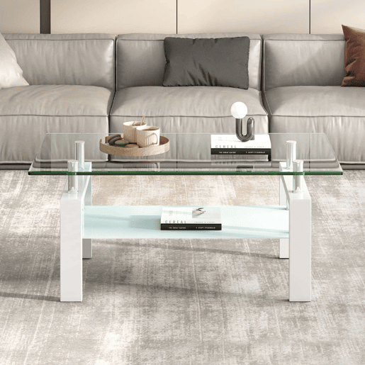 Mesa de centro 100 x 60 x 44 cm - Vidro temperado transparente para sala de estar - Branco Mesa de centro 100 x 60 x 44 cm - Vidro temperado transparente para sala de estar - Branco