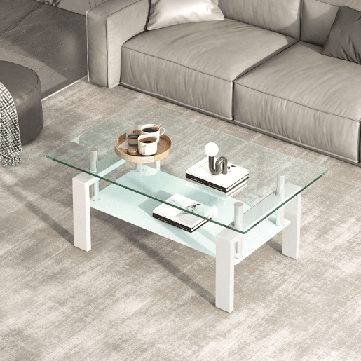 Mesa de centro 100 x 60 x 44 cm - Vidro temperado transparente para sala de estar - Branco Mesa de centro 100 x 60 x 44 cm - Vidro temperado transparente para sala de estar - Branco