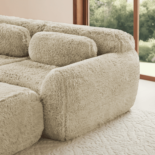 Sofá modular + 2 lugares - Tecido felpudo macio, chaise longue, sem montagem - Bege claro