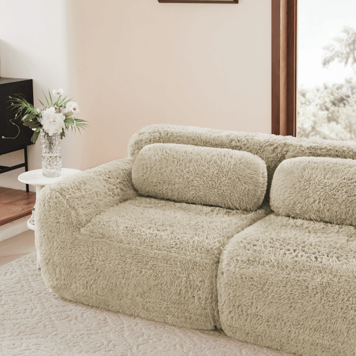 Sofá modular + 2 lugares - Tecido felpudo macio, chaise longue, sem montagem - Bege claro