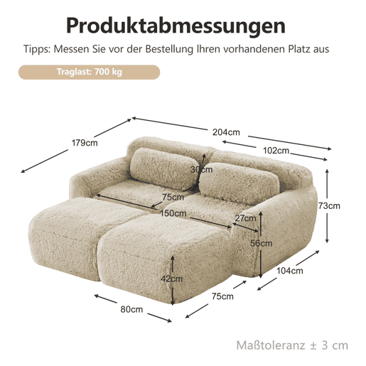 Sofá modular + 2 lugares - Tecido felpudo macio, chaise longue, sem montagem - Bege claro