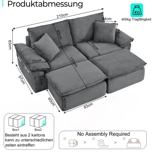 Sofá modular sem estrutura de 2 lugares - sofá Cloud com estofamento macio, sem montagem, com apoio para os pés, bolsos de arrumação, convertível em poltrona-cama - cinzento claro