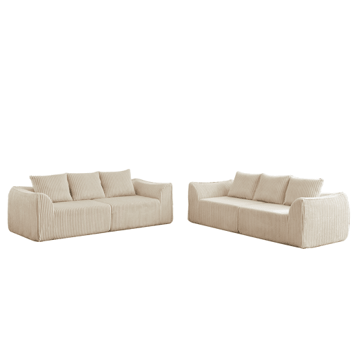 Sofá minimalista de 6 lugares - linhas fluidas e curvas, encosto ligeiramente inclinado, 6 almofadas - Bege Sofá minimalista de 6 lugares - linhas fluidas e curvas, encosto ligeiramente inclinado, 6 almofadas - Bege
