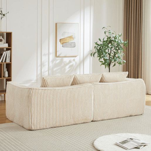 Sofá minimalista de 6 lugares - linhas fluidas e curvas, encosto ligeiramente inclinado, 6 almofadas - Bege Sofá minimalista de 6 lugares - linhas fluidas e curvas, encosto ligeiramente inclinado, 6 almofadas - Bege