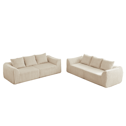 Sofá minimalista de 6 lugares - linhas fluidas e curvas, encosto ligeiramente inclinado, 6 almofadas - Bege Sofá minimalista de 6 lugares - linhas fluidas e curvas, encosto ligeiramente inclinado, 6 almofadas - Bege