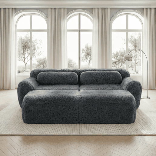 Sofá modular de 2 lugares - Tecido felpudo macio, cama modular com 2 pufes, sem montagem - Cinza