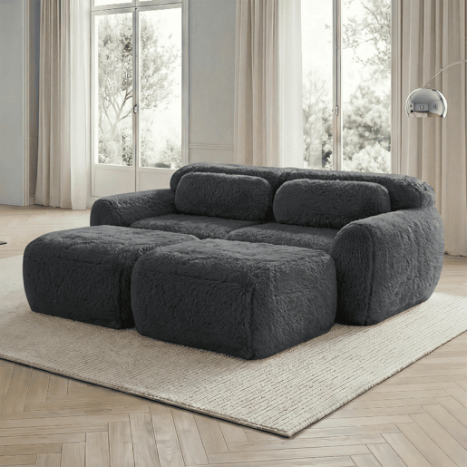 Sofá modular de 2 lugares - Tecido felpudo macio, cama modular com 2 pufes, sem montagem - Cinza