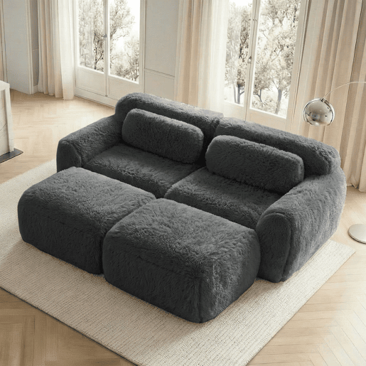 Sofá modular de 2 lugares - Tecido felpudo macio, cama modular com 2 pufes, sem montagem - Cinza