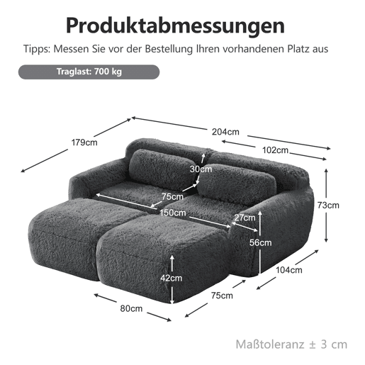 Sofá modular de 2 lugares - Tecido felpudo macio, cama modular com 2 pufes, sem montagem - Cinza