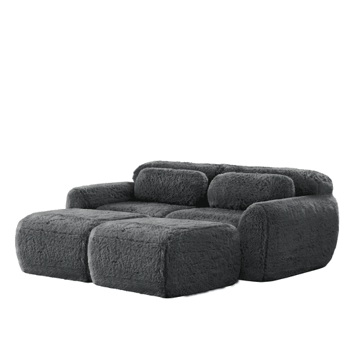 Sofá modular de 2 lugares - Tecido felpudo macio, cama modular com 2 pufes, sem montagem - Cinza