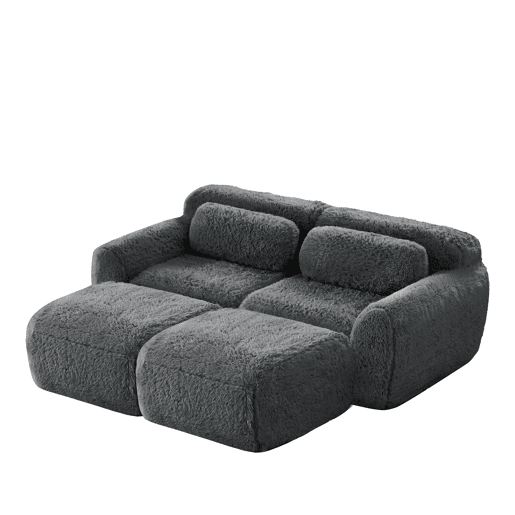 Sofá modular de 2 lugares - Tecido felpudo macio, cama modular com 2 pufes, sem montagem - Cinza