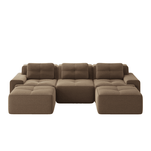 Sofá modular U 3 lugares - Veludo cotelê, montagem livre, com otomano - Castanho Sofá modular U 3 lugares - Veludo cotelê, montagem livre, com otomano - Castanho