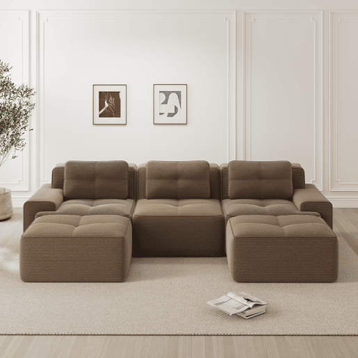 Sofá modular U 3 lugares - Veludo cotelê, montagem livre, com otomano - Castanho Sofá modular U 3 lugares - Veludo cotelê, montagem livre, com otomano - Castanho