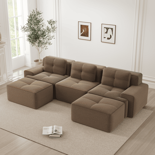 Sofá modular U 3 lugares - Veludo cotelê, montagem livre, com otomano - Castanho Sofá modular U 3 lugares - Veludo cotelê, montagem livre, com otomano - Castanho