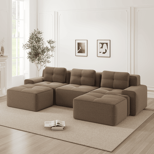 Sofá modular U 3 lugares - Veludo cotelê, montagem livre, com otomano - Castanho Sofá modular U 3 lugares - Veludo cotelê, montagem livre, com otomano - Castanho