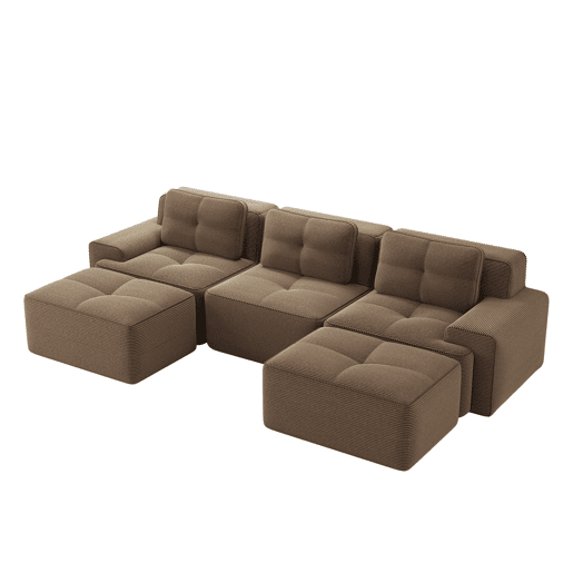 Sofá modular U 3 lugares - Veludo cotelê, montagem livre, com otomano - Castanho Sofá modular U 3 lugares - Veludo cotelê, montagem livre, com otomano - Castanho
