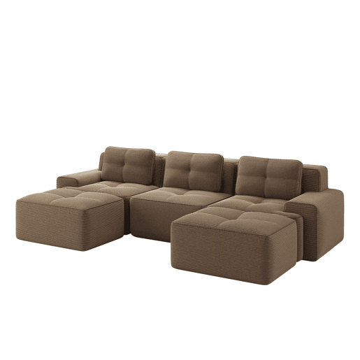Sofá modular U 3 lugares - Veludo cotelê, montagem livre, com otomano - Castanho Sofá modular U 3 lugares - Veludo cotelê, montagem livre, com otomano - Castanho