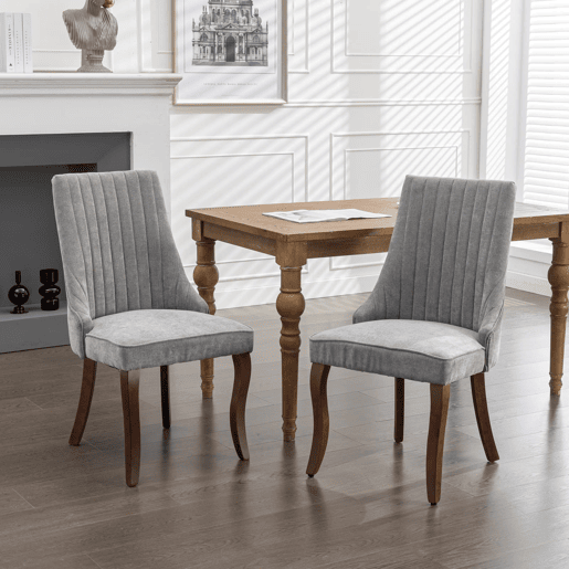 Cadeira de sala de jantar 2 unidades - Estofamento em linho cinza, pernas curvas em madeira, design confortável - Cinza Cadeira de sala de jantar 2 unidades - Estofamento em linho cinza, pernas curvas em madeira, design confortável - Cinza