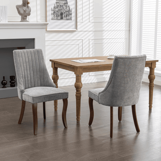 Cadeira de sala de jantar 2 unidades - Estofamento em linho cinza, pernas curvas em madeira, design confortável - Cinza Cadeira de sala de jantar 2 unidades - Estofamento em linho cinza, pernas curvas em madeira, design confortável - Cinza