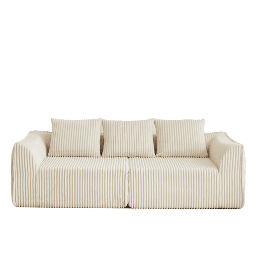 Sofá minimalista de 3 lugares - Linhas suaves, encosto inclinado e 2 almofadas - Bege Sofá minimalista de 3 lugares - Linhas suaves, encosto inclinado e 2 almofadas - Bege