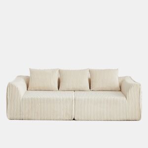 Sofá minimalista de 3 lugares - Linhas suaves, encosto inclinado e 2 almofadas - Bege