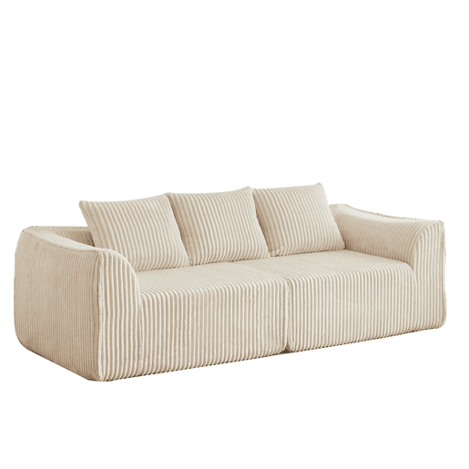 Sofá minimalista de 3 lugares - Linhas suaves, encosto inclinado e 2 almofadas - Bege Sofá minimalista de 3 lugares - Linhas suaves, encosto inclinado e 2 almofadas - Bege