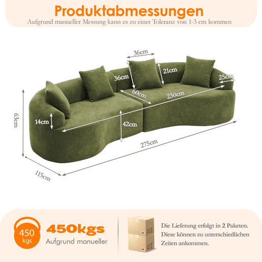 Sofá modular curvo em chenille de 4 lugares - moderno, confortável, economiza espaço, não requer montagem - verde
