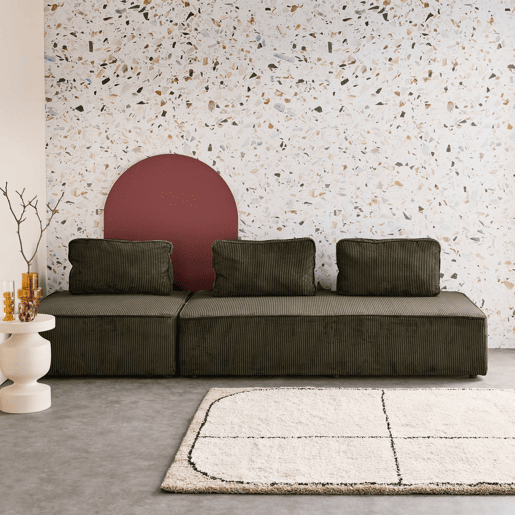 Sofá modular em tecido veludo canelado de 3 lugares - 180x90x78 cm