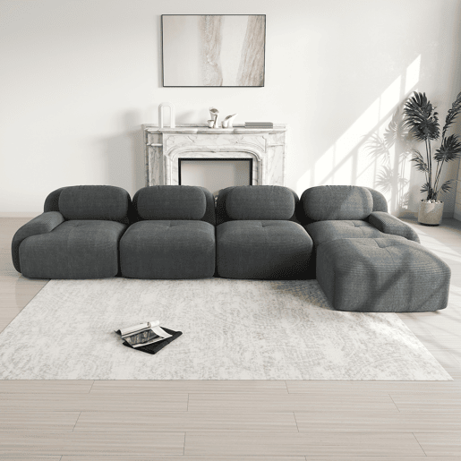 Sofá de canto de 4 lugares - 32D acolchoado de alta elasticidade, antiderrapante, com chaise longue, apoios de braços extra largos, combinável - Cinza