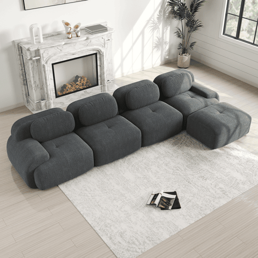 Sofá de canto de 4 lugares - 32D acolchoado de alta elasticidade, antiderrapante, com chaise longue, apoios de braços extra largos, combinável - Cinza
