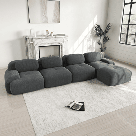 Sofá de canto de 4 lugares - 32D acolchoado de alta elasticidade, antiderrapante, com chaise longue, apoios de braços extra largos, combinável - Cinza