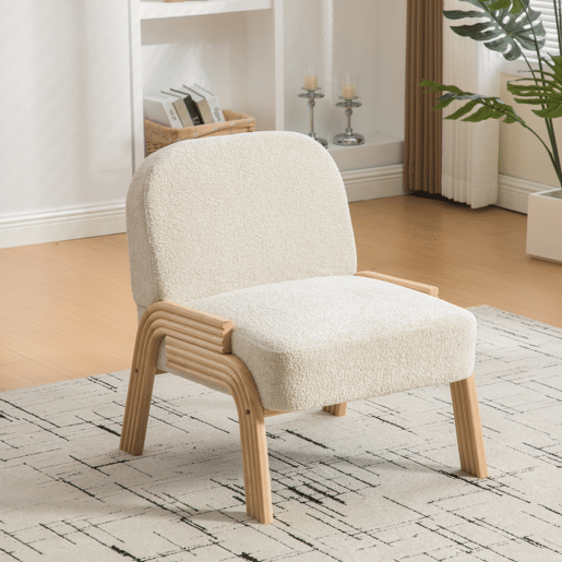 Poltrona lounge escandinava em chenille macio com estrutura de madeira resistente, ideal para sala e quarto, bege Poltrona lounge escandinava em chenille macio com estrutura de madeira resistente, ideal para sala e quarto, bege