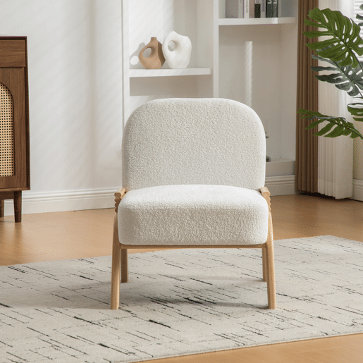 Poltrona lounge escandinava em chenille macio com estrutura de madeira resistente, ideal para sala e quarto, marfim Poltrona lounge escandinava em chenille macio com estrutura de madeira resistente, ideal para sala e quarto, marfim