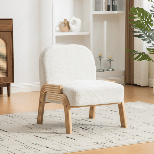 Poltrona lounge escandinava em chenille macio com estrutura de madeira resistente, ideal para sala e quarto, marfim Poltrona lounge escandinava em chenille macio com estrutura de madeira resistente, ideal para sala e quarto, marfim