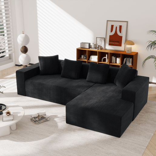 Sofá modular de 3 lugares - Cloud moderno com chaise longue, assentos profundos - Preto