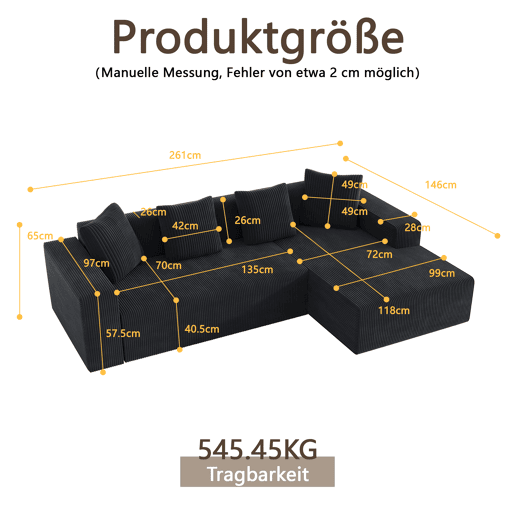 Sofá modular de 3 lugares - Cloud moderno com chaise longue, assentos profundos - Preto
