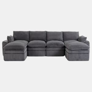 Sofá modular de 4 lugares - Inclui 2 pufes, almofadas e 2 bolsos laterais, espuma de 3 camadas + molas para recuperação rápida, combinável à vontade - Cinza escuro