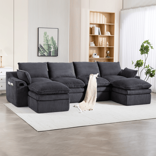 Sofá modular de 4 lugares - Inclui 2 pufes, almofadas e 2 bolsos laterais, espuma de 3 camadas + molas para recuperação rápida, combinável à vontade - Cinza escuro Sofá modular de 4 lugares - Inclui 2 pufes, almofadas e 2 bolsos laterais, espuma de 3 camadas + molas para recuperação rápida, combinável à vontade - Cinza escuro