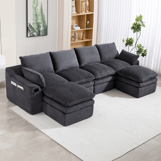 Sofá modular de 4 lugares - Inclui 2 pufes, almofadas e 2 bolsos laterais, espuma de 3 camadas + molas para recuperação rápida, combinável à vontade - Cinza escuro Sofá modular de 4 lugares - Inclui 2 pufes, almofadas e 2 bolsos laterais, espuma de 3 camadas + molas para recuperação rápida, combinável à vontade - Cinza escuro