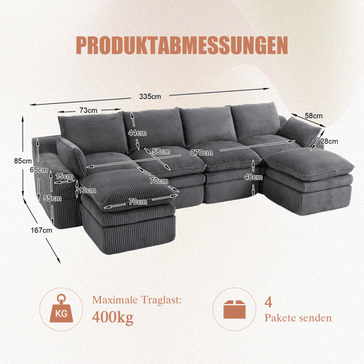 Sofá modular de 4 lugares - Inclui 2 pufes, almofadas e 2 bolsos laterais, espuma de 3 camadas + molas para recuperação rápida, combinável à vontade - Cinza escuro Sofá modular de 4 lugares - Inclui 2 pufes, almofadas e 2 bolsos laterais, espuma de 3 camadas + molas para recuperação rápida, combinável à vontade - Cinza escuro