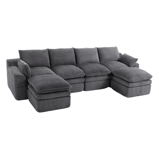 Sofá modular de 4 lugares - Inclui 2 pufes, almofadas e 2 bolsos laterais, espuma de 3 camadas + molas para recuperação rápida, combinável à vontade - Cinza escuro Sofá modular de 4 lugares - Inclui 2 pufes, almofadas e 2 bolsos laterais, espuma de 3 camadas + molas para recuperação rápida, combinável à vontade - Cinza escuro