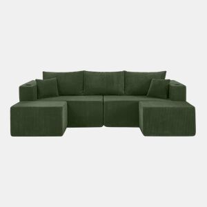 Sofá de canto modular de 3 lugares - em forma de L, pufes móveis, tecido de veludo cotelê macio, porta-copos, bolso lateral, almofadas, adequado para salas de estar, hotéis e apartamentos para arrendamento - Verde