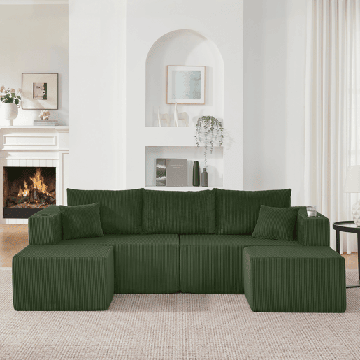 Sofá de canto modular de 3 lugares - em forma de L, pufes móveis, tecido de veludo cotelê macio, porta-copos, bolso lateral, almofadas, adequado para salas de estar, hotéis e apartamentos para arrendamento - Verde Sofá de canto modular de 3 lugares - em forma de L, pufes móveis, tecido de veludo cotelê macio, porta-copos, bolso lateral, almofadas, adequado para salas de estar, hotéis e apartamentos para arrendamento - Verde