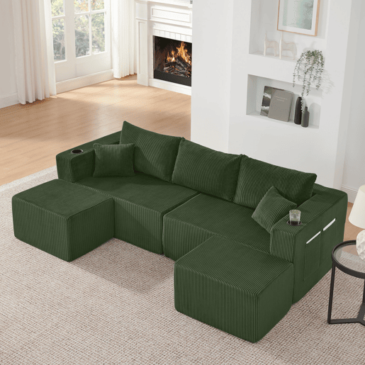 Sofá de canto modular de 3 lugares - em forma de L, pufes móveis, tecido de veludo cotelê macio, porta-copos, bolso lateral, almofadas, adequado para salas de estar, hotéis e apartamentos para arrendamento - Verde Sofá de canto modular de 3 lugares - em forma de L, pufes móveis, tecido de veludo cotelê macio, porta-copos, bolso lateral, almofadas, adequado para salas de estar, hotéis e apartamentos para arrendamento - Verde