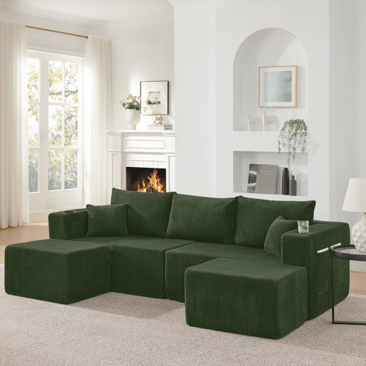 Sofá de canto modular de 3 lugares - em forma de L, pufes móveis, tecido de veludo cotelê macio, porta-copos, bolso lateral, almofadas, adequado para salas de estar, hotéis e apartamentos para arrendamento - Verde Sofá de canto modular de 3 lugares - em forma de L, pufes móveis, tecido de veludo cotelê macio, porta-copos, bolso lateral, almofadas, adequado para salas de estar, hotéis e apartamentos para arrendamento - Verde