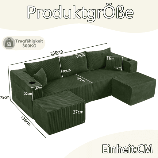Sofá de canto modular de 3 lugares - em forma de L, pufes móveis, tecido de veludo cotelê macio, porta-copos, bolso lateral, almofadas, adequado para salas de estar, hotéis e apartamentos para arrendamento - Verde Sofá de canto modular de 3 lugares - em forma de L, pufes móveis, tecido de veludo cotelê macio, porta-copos, bolso lateral, almofadas, adequado para salas de estar, hotéis e apartamentos para arrendamento - Verde