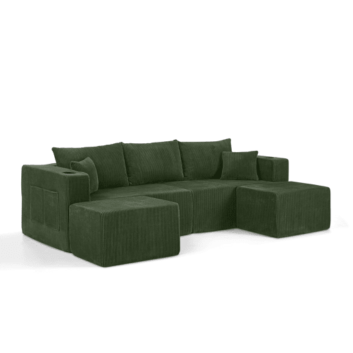 Sofá de canto modular de 3 lugares - em forma de L, pufes móveis, tecido de veludo cotelê macio, porta-copos, bolso lateral, almofadas, adequado para salas de estar, hotéis e apartamentos para arrendamento - Verde Sofá de canto modular de 3 lugares - em forma de L, pufes móveis, tecido de veludo cotelê macio, porta-copos, bolso lateral, almofadas, adequado para salas de estar, hotéis e apartamentos para arrendamento - Verde