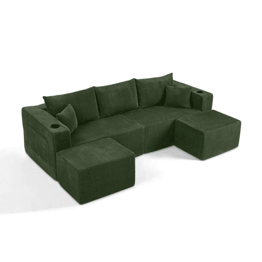 Sofá de canto modular de 3 lugares - em forma de L, pufes móveis, tecido de veludo cotelê macio, porta-copos, bolso lateral, almofadas, adequado para salas de estar, hotéis e apartamentos para arrendamento - Verde Sofá de canto modular de 3 lugares - em forma de L, pufes móveis, tecido de veludo cotelê macio, porta-copos, bolso lateral, almofadas, adequado para salas de estar, hotéis e apartamentos para arrendamento - Verde