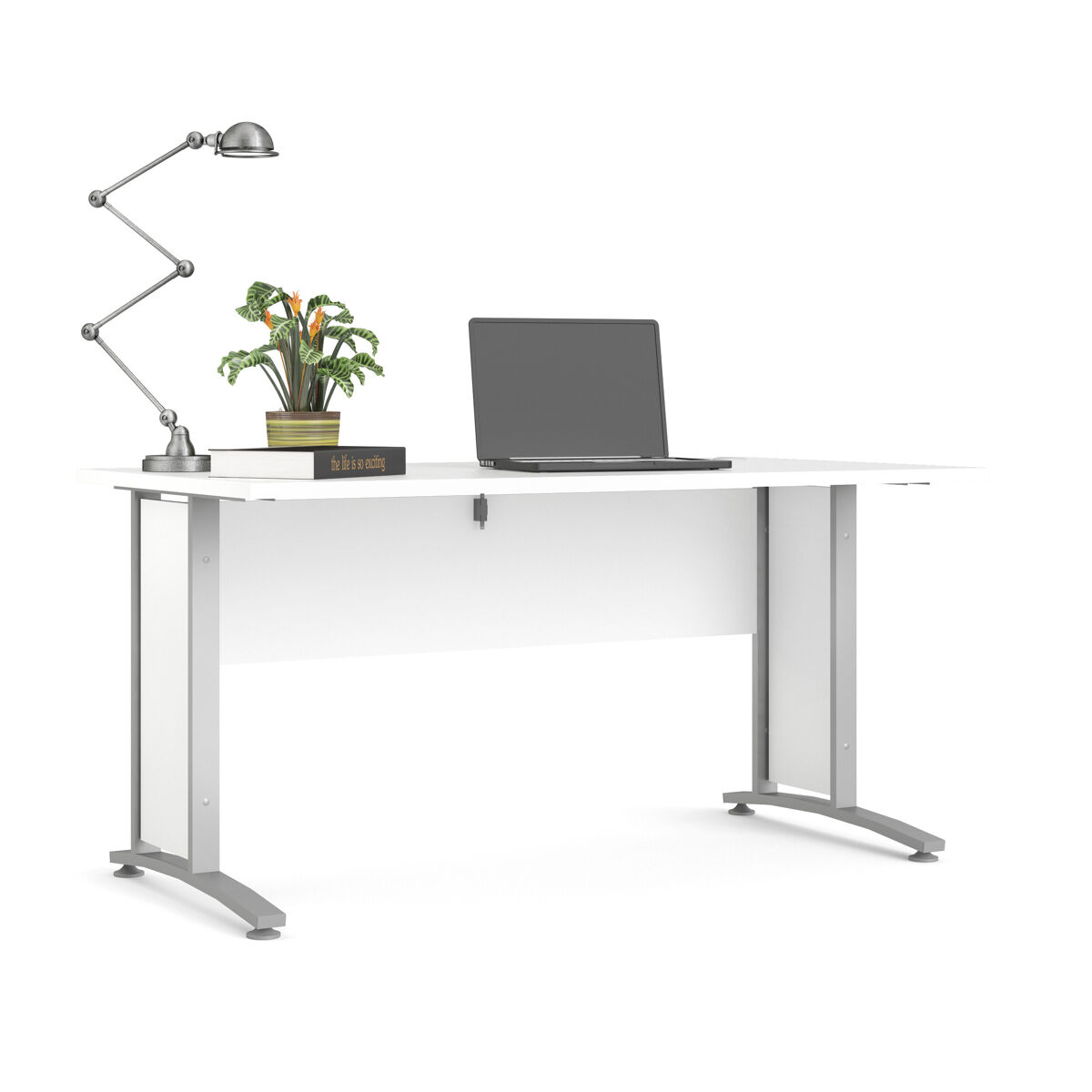 Escritorio combinado ter acero gris plata y blanco/roble patinado 150x80x75 cm / mesa de despacho amplia con panel modesty para oficina